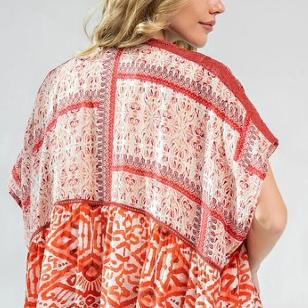 Easel "Lunch In The Garden" Orange and White Floral Boho Kimono, Size 3X. NWT - Picture 5 of 11